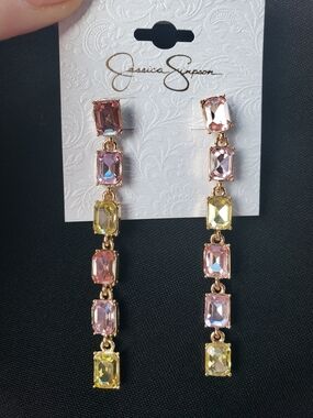 Jessica Simpson Pink and Yellow Crystal Drop Dangle Earrings